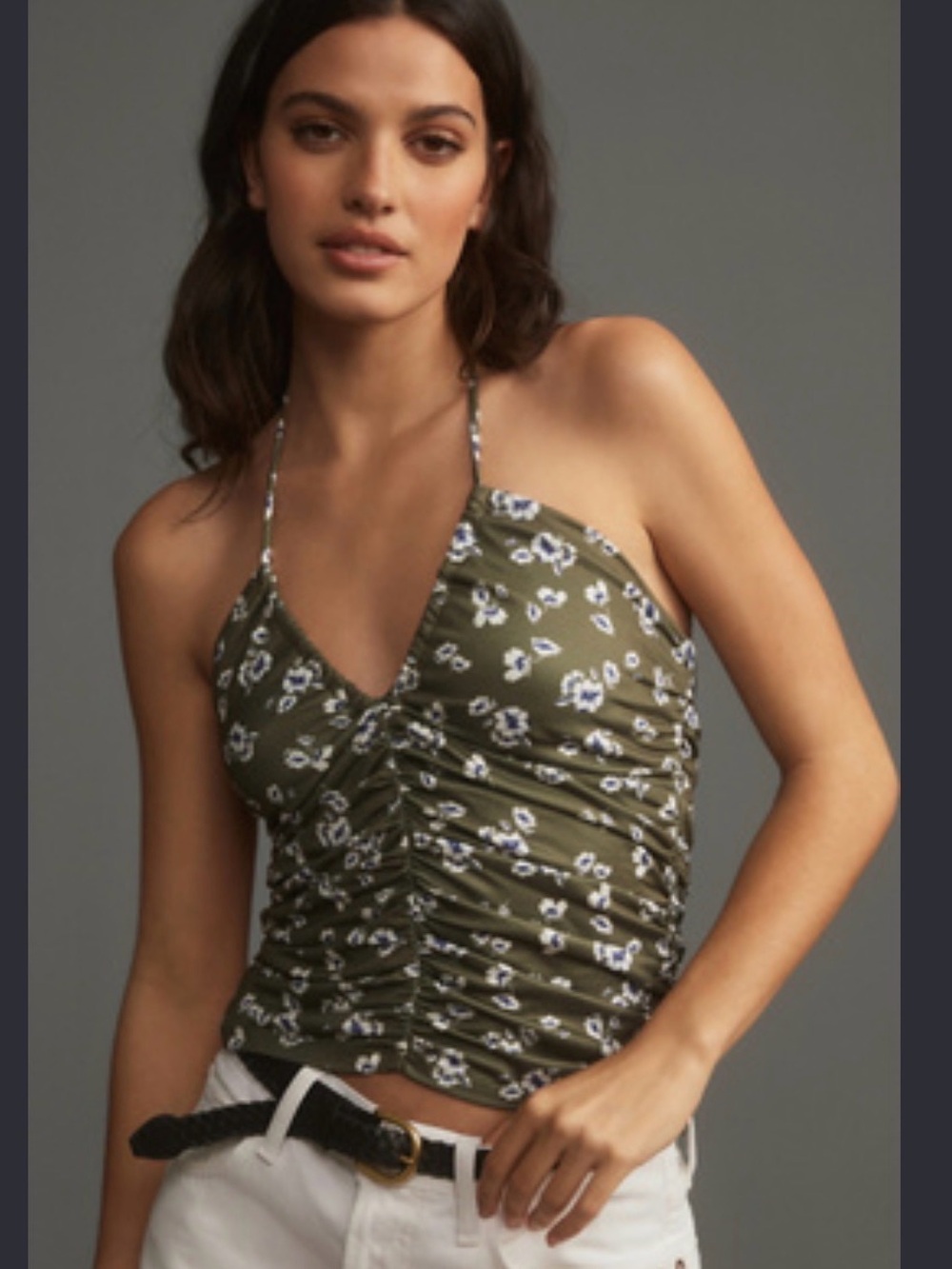 Malena Tie-Neck Ruched Tank Top - Olive Floral